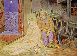 Mary and Joseph watch Jesus sleep with a lantern shining 