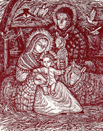 An etching in maroon tones of the Holy Family in the stable