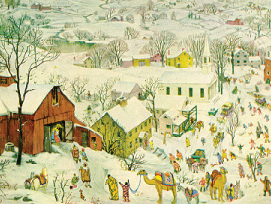 A wintery scene of villagers coming to a red barn to visit the Baby Jesus