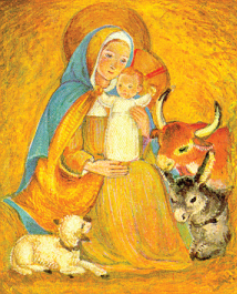 A childlike version of Mary with Jesus standing on her lap as a lamb, donkey and cow nuzzle them. Bright orange and yellow colors.