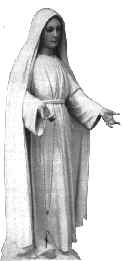 Apparition of Mary in a white robe with arms outstretched.