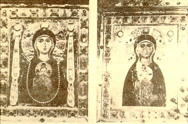 La Madonna Nicopeia Tenth - century Byzantine St. Mark's Basilica in Venice. This clipping (date unknown) shows the image before and after a theft of the diamonds and rubies decorating the image. The image is not thought to be the original taken from Constantinople, but a copy painted over several times.