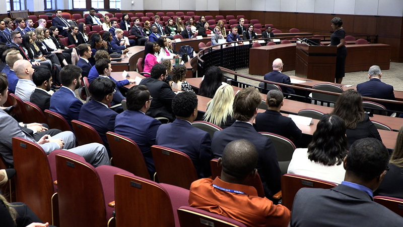 The courtroom with students listening to a lecture
