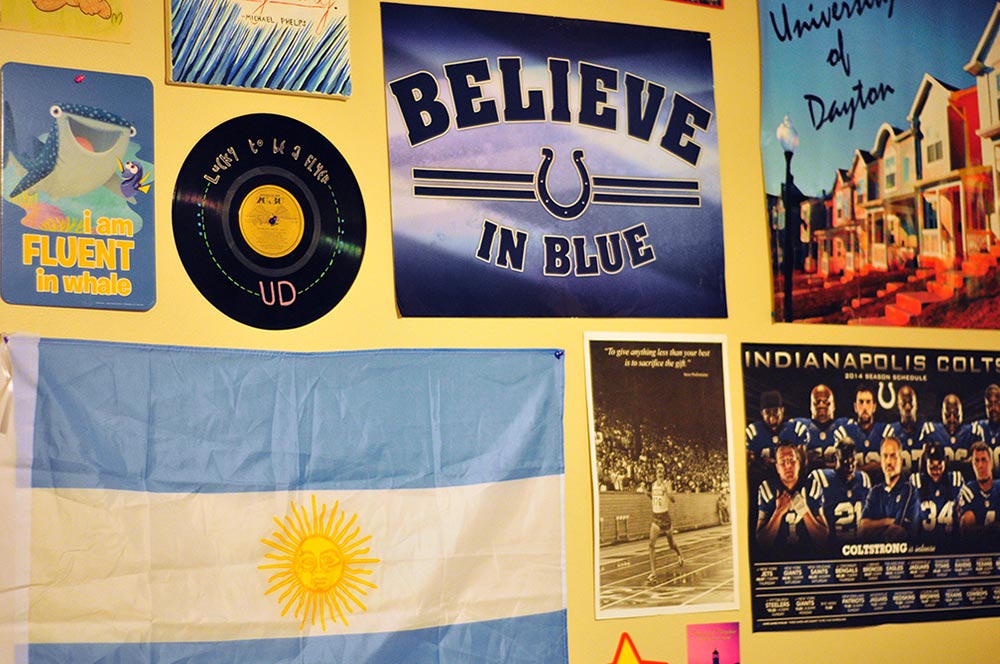One resident has a montage of her favorite things on her bedroom wall. The Argentina flag holds a special place in her heart, since she spent a summer abroad there and stayed with the same host family as one of her current housemates.