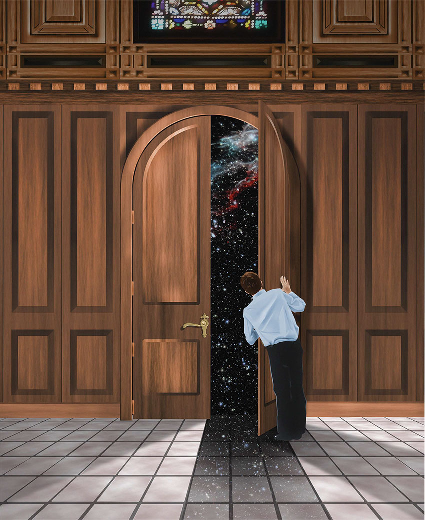 man looking out church door and seeing the Milky Way. by Randy Palmer