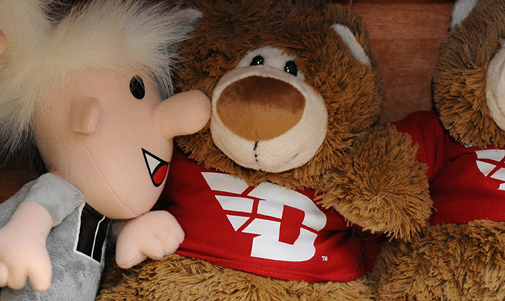 Stuffed toys in UD Bookstore appear to be talking.