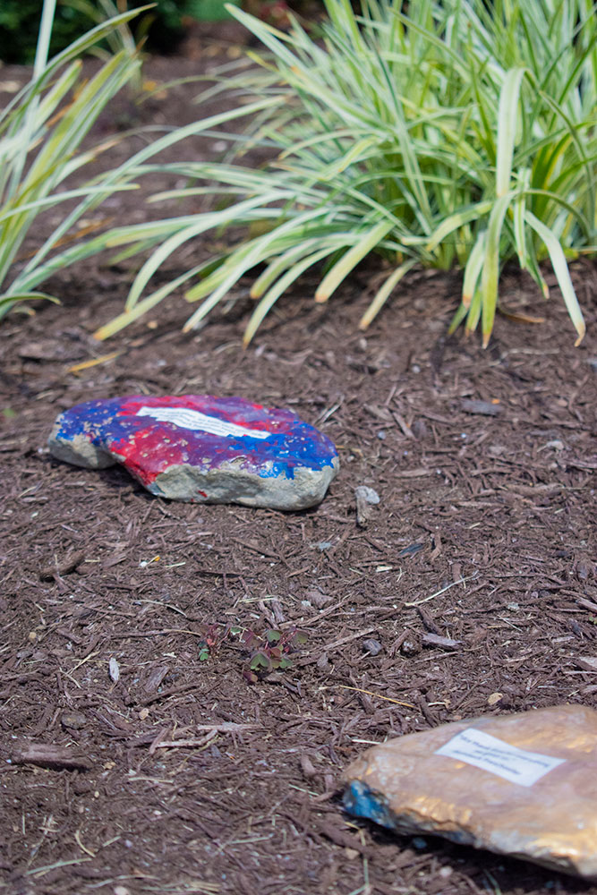 Painted rocks hidden in the grass