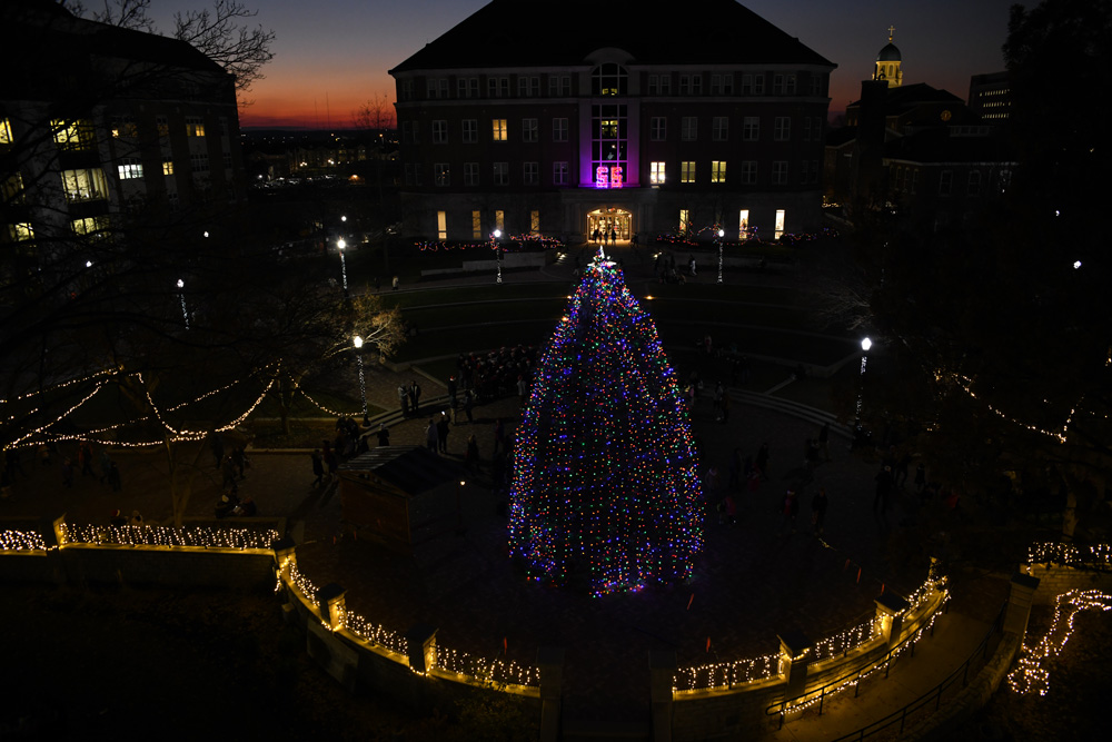 Brightly colored Christmas tree in Humanities Plaza