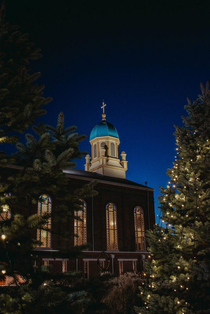 UD chapel with Christmas lights