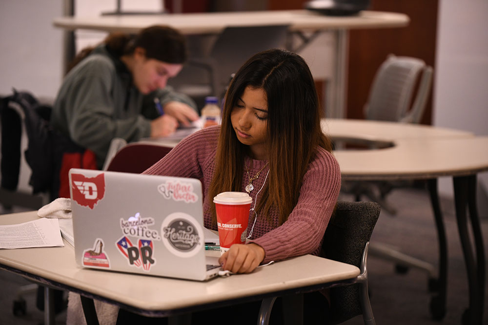 Student in a pink sweater studies at a computer