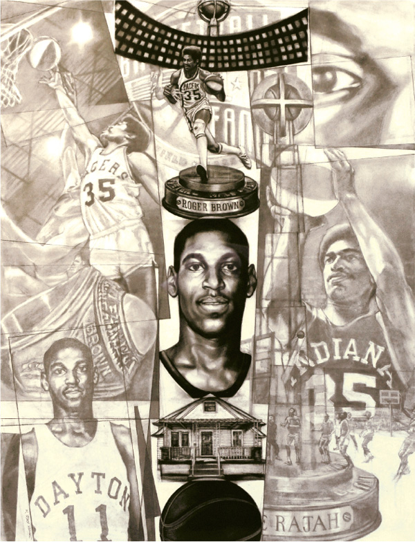 Charcoal collage of Roger Brown and his basketball career, by James Pate