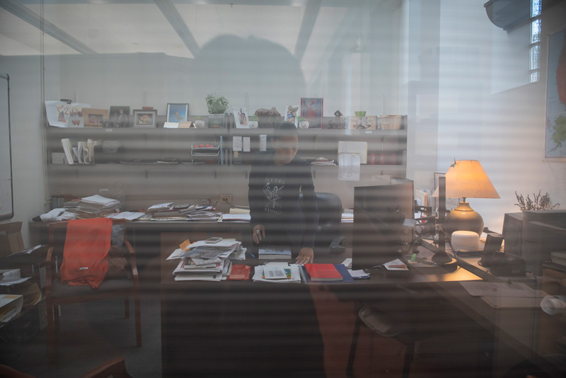 Looking through a window into an office