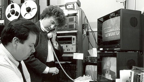 Sister Angela Ann in a broadcast studio, 1980s