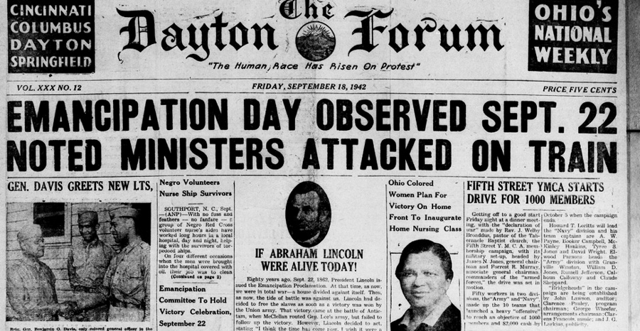 Dayton Forum newspaper headline from 1942 "Emancipation Day Observed"