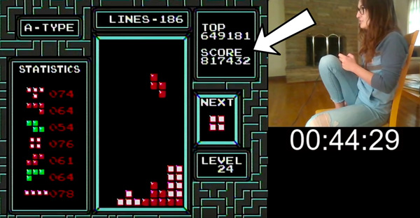 Anna plays Tetris. Shows her on level 24.