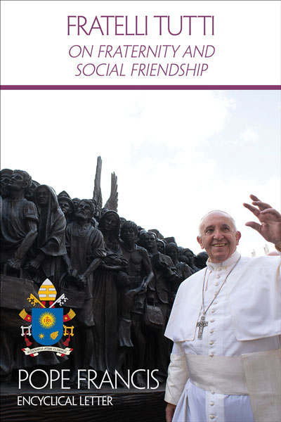 Book ocver of Fratelli tutti showing Pope Francis waving