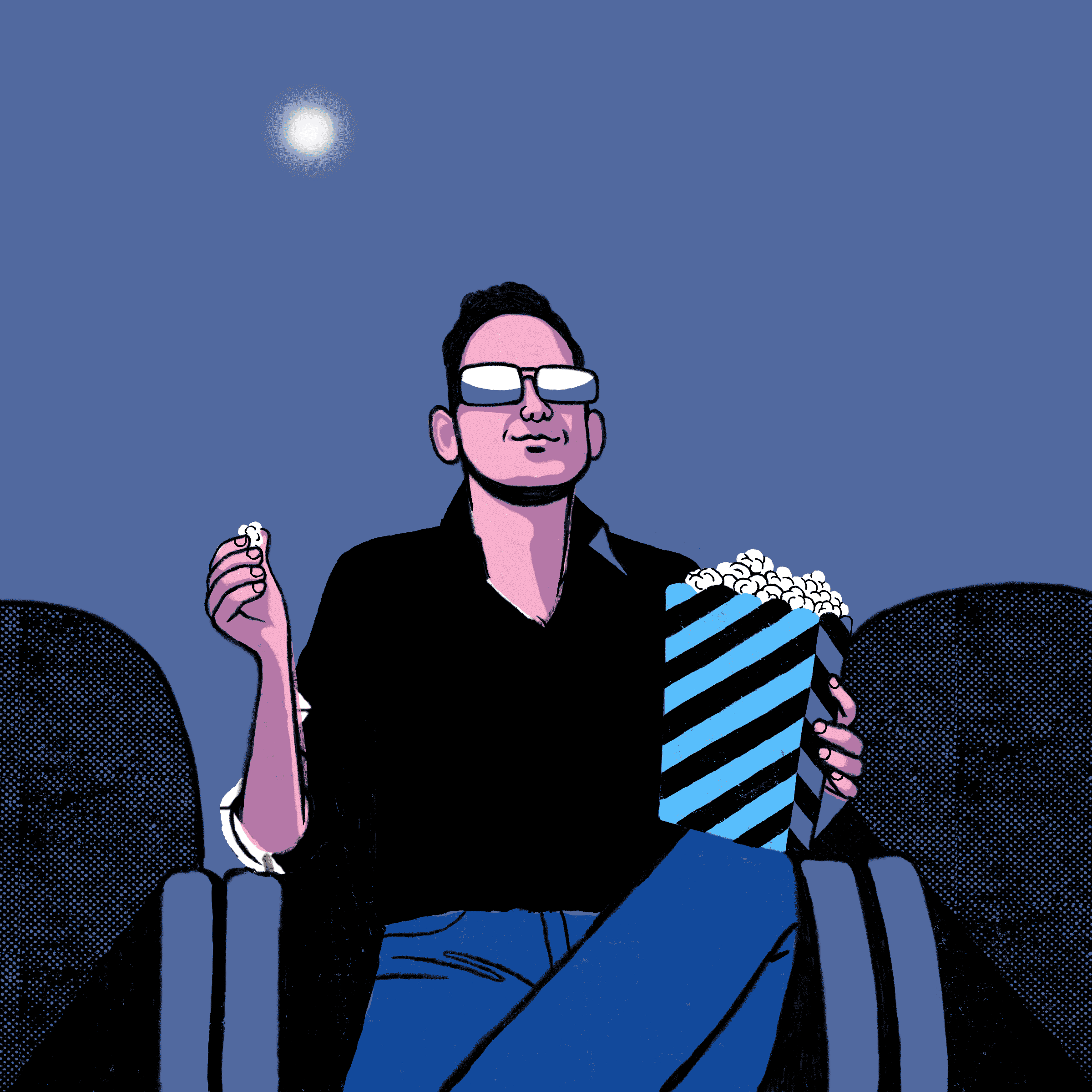 Illustration of man watching a movie, by MARTIN TONGOLA