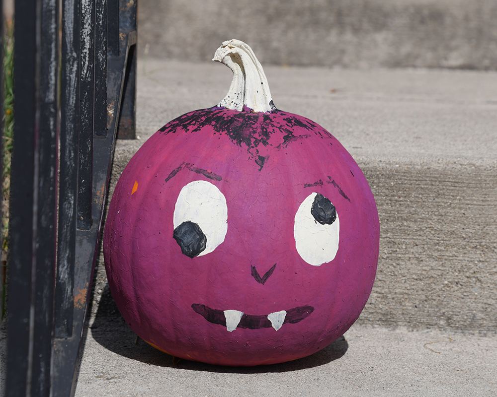Purple-painted pumpkin with silly eyes. 