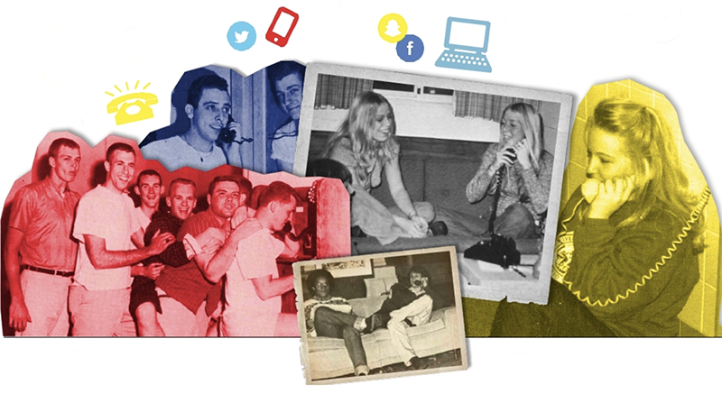 University of Dayton students using phones on campus throughout the years.