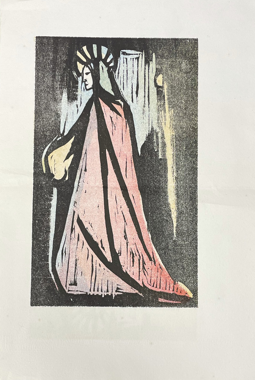A four-color woodcut of a Virgin Mary reflected by Mary Grabhorn at Grabhorn Press.