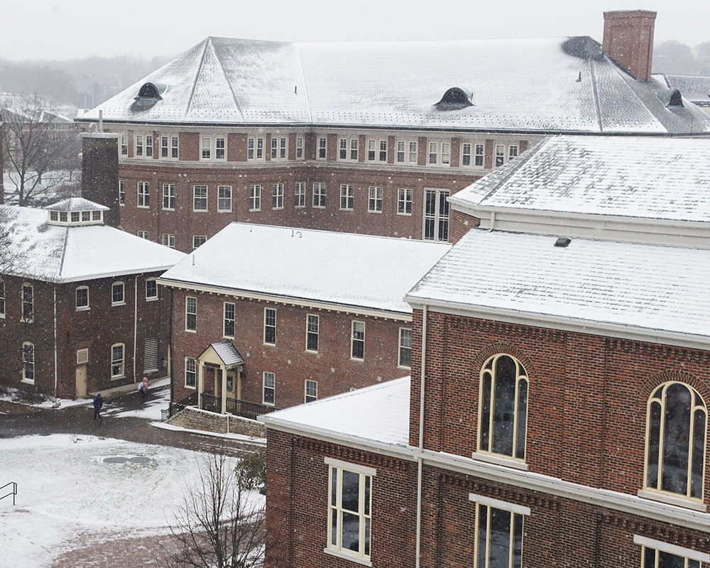 snow-covered rooftops on campus
