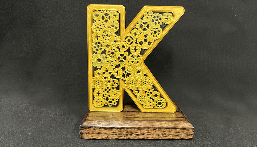 Photo of the William Krueger Tinkerer Award, 3D printed.