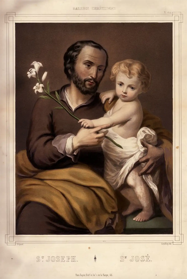 St. Joseph holds the infant Jesus and a lily, representing purity.