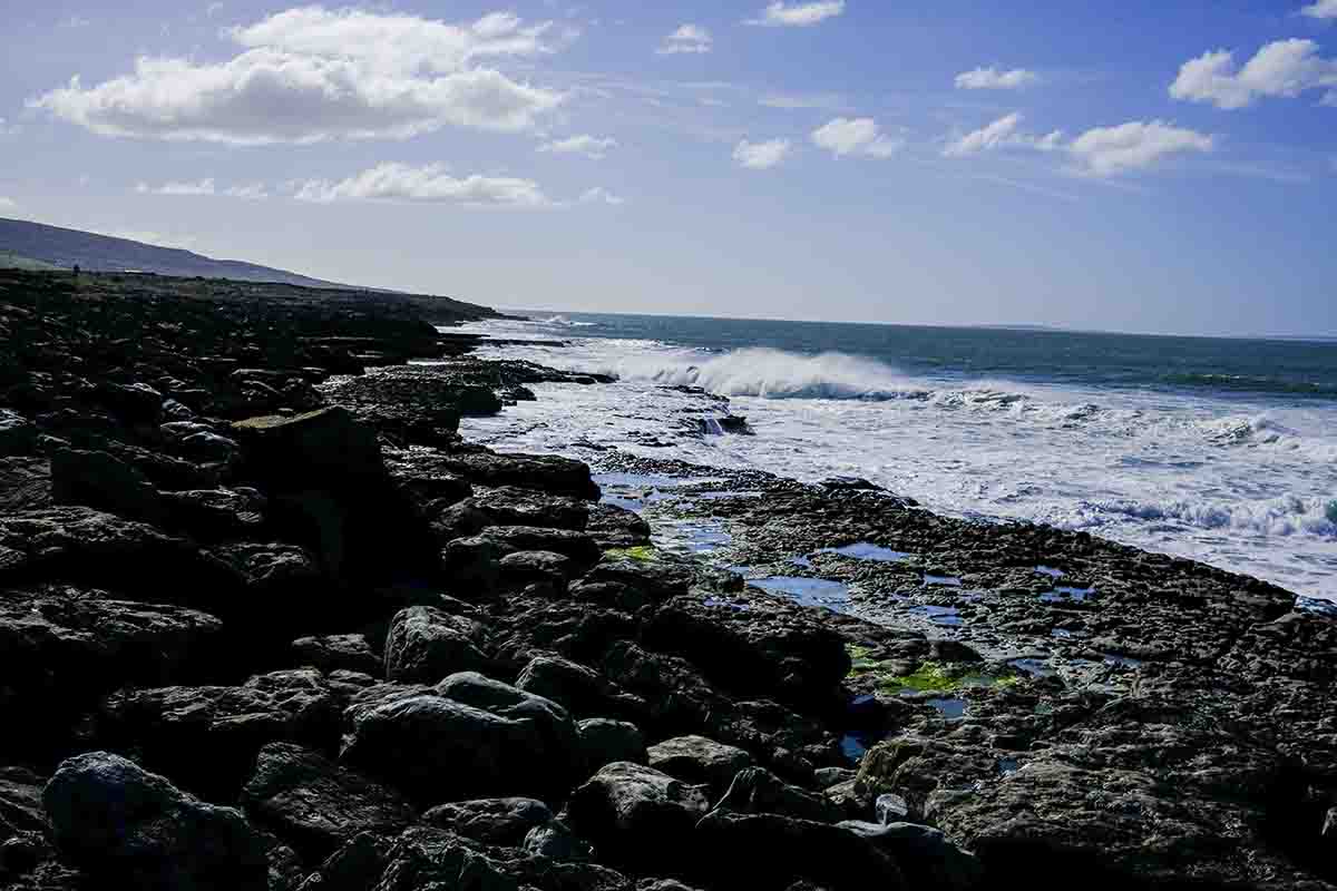 Photo of the Irish shoreline with ragged rocked lining the water.