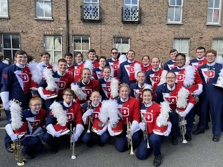 The trumpet players of the Pride of Dayton pose for a photo in the streets of Dublin.