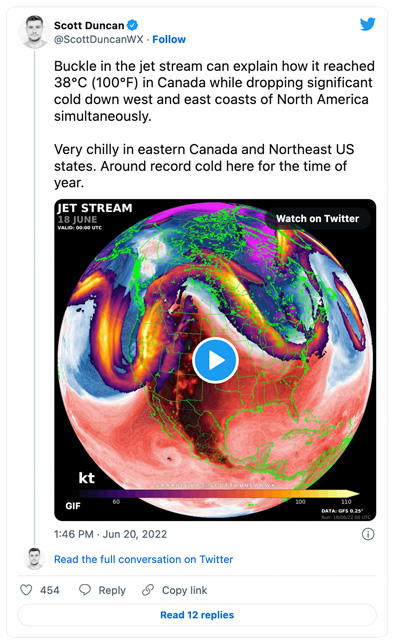 tweet @ScottDuncanWX of jet stream map showing extreme cold