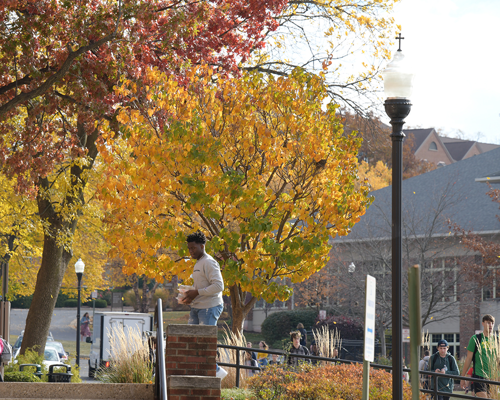 A student carries takeout boxes on a fall day