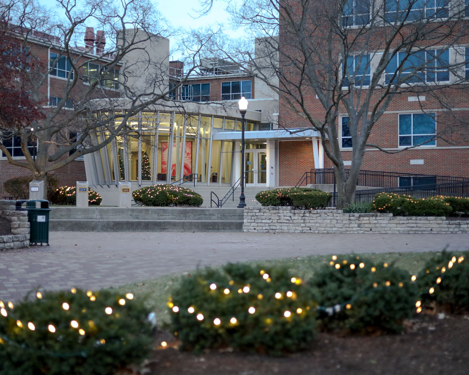 Christmas lights cover bushes outside of KU and the Science Center.