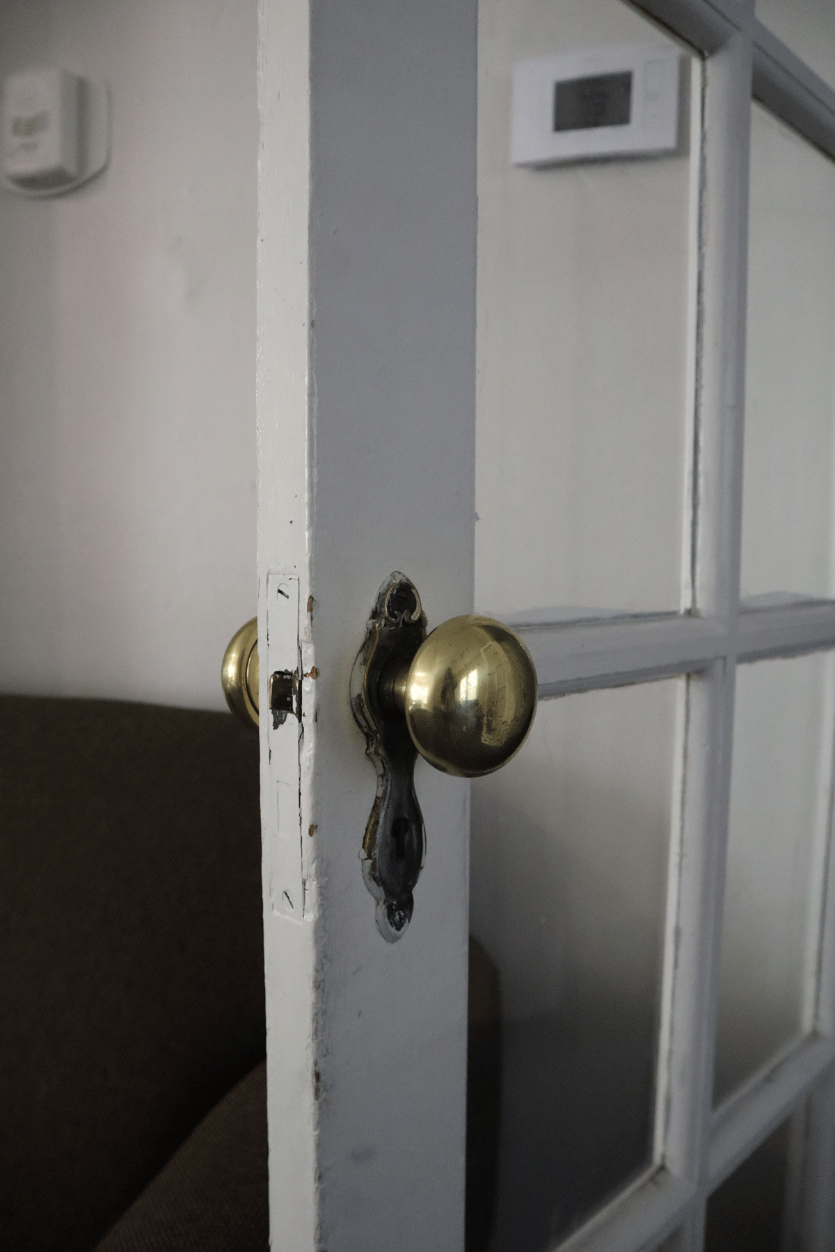 A brass door knob.
