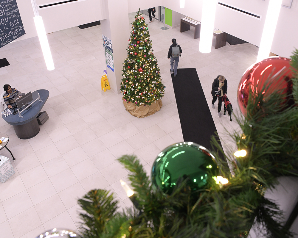 The library lobby is decorated for Christmas