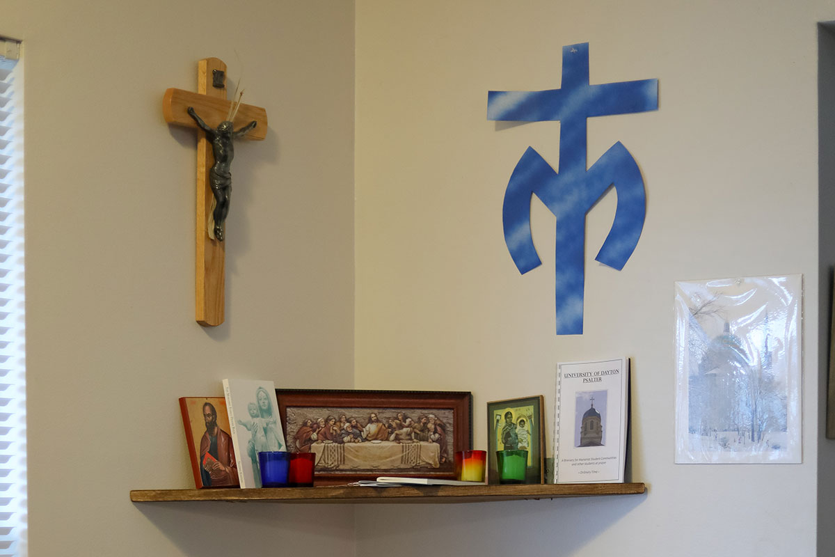 A small Catholic alter in the corner.