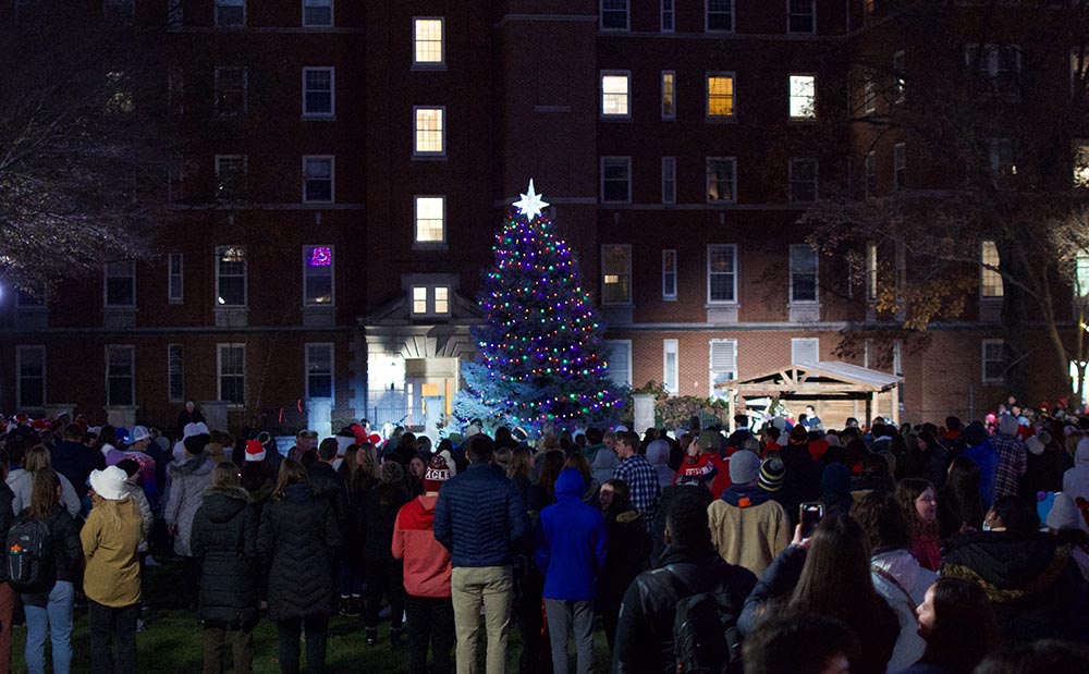 A view of the tall Christmas tree in Humanities Plaza during last year's Christmas on Campus.
