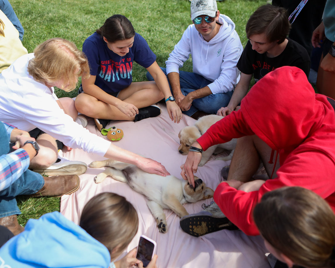 Students play with two 4 Paws puppies during a club fundraiser