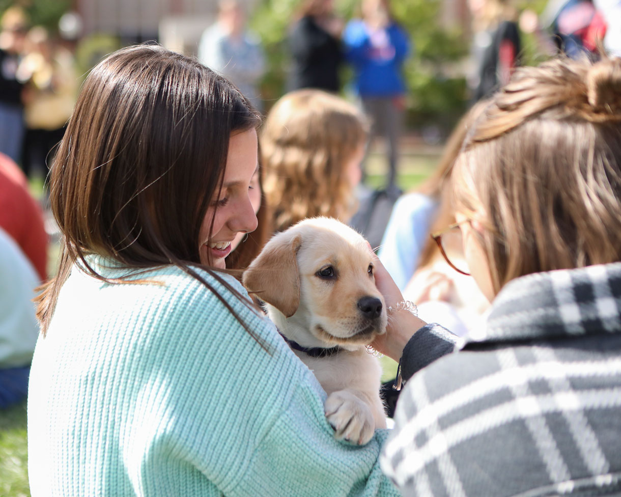 A student holds a 4 Paws puppy while another student pets it