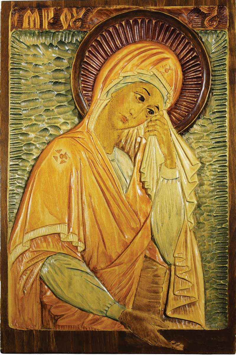 Painting of a wood carved Mary, Mother of Ukraine.