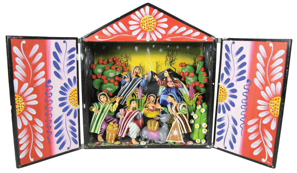 Colorful wood-carved nativity scene.