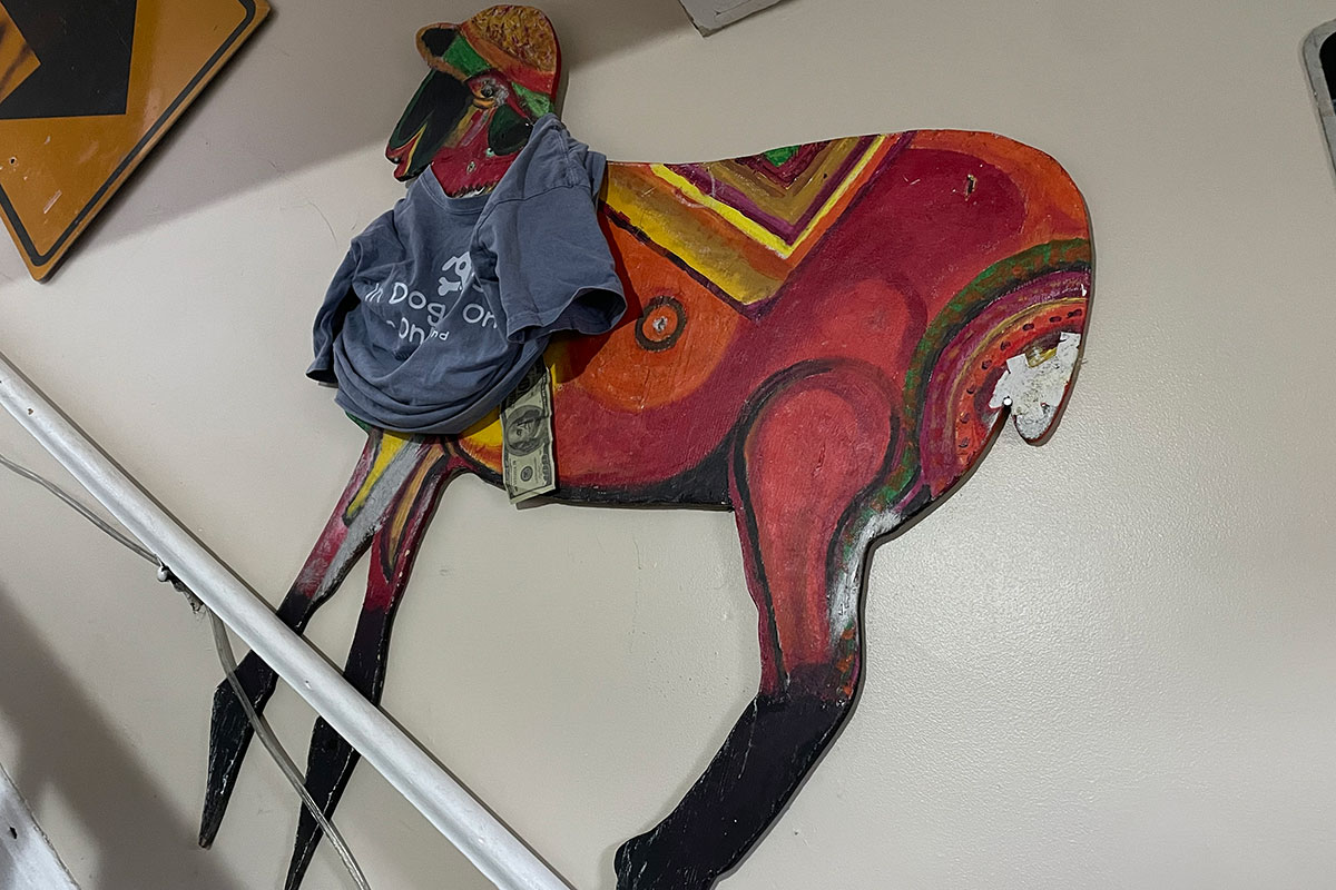  An eclectically painted and vibrantly colored sheep adorns the wall along the stairs.