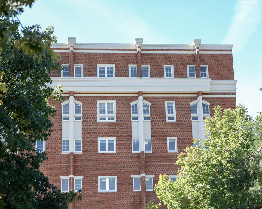 The exterior of the top floors of Roesch Library