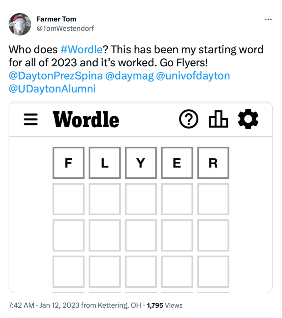 Westendorf tweet about using "Flyer" as first word in Wordle game.