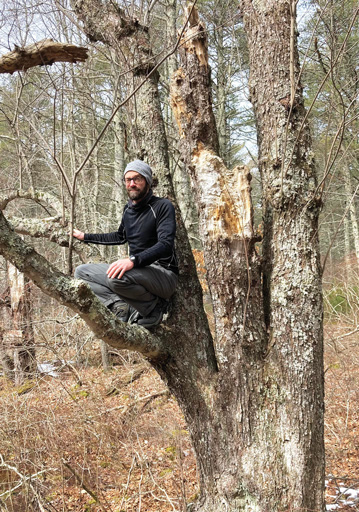 Jonathan Malone sitting in a tree out in a forest.