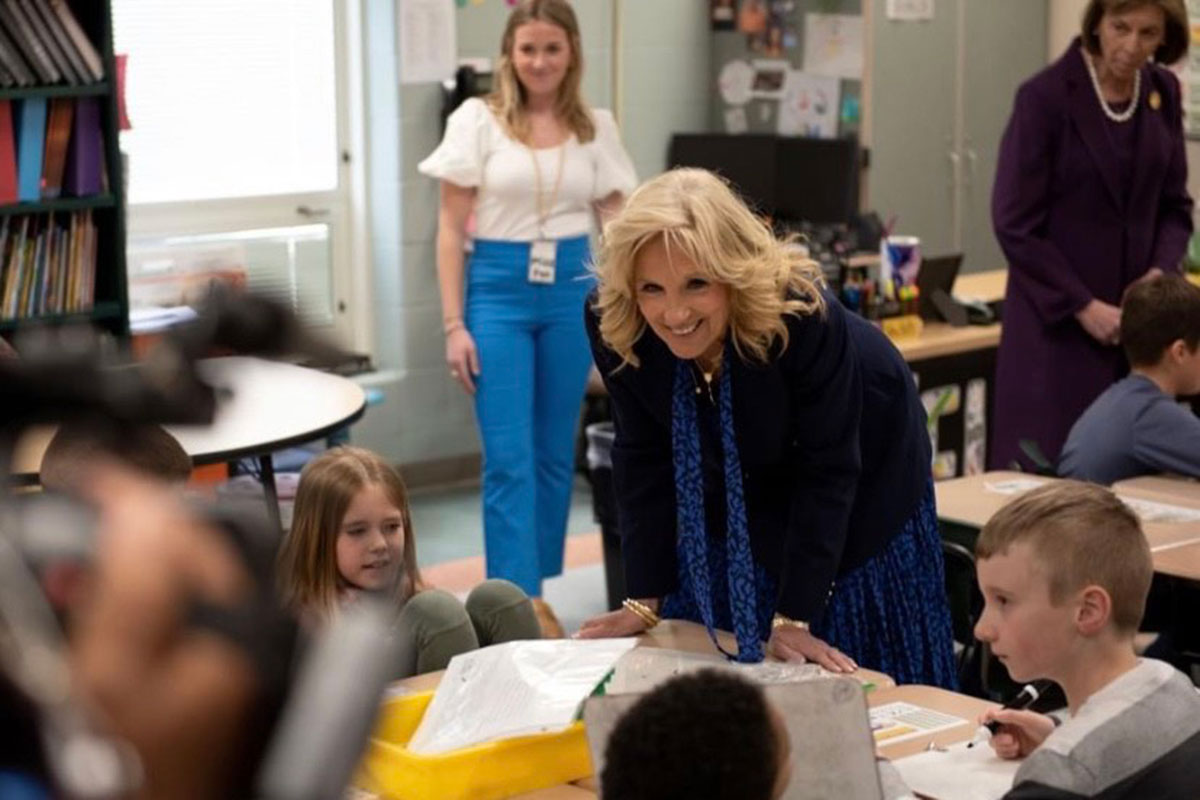 Jill Biden engaging with the students.