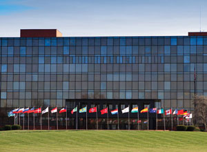 NCR building with flags out front