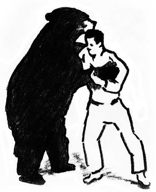 Sketch of a man wrestling a bear