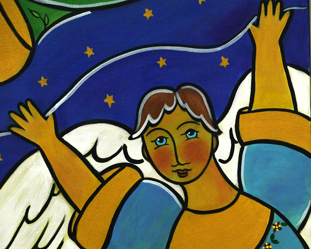 A detail shot of a painting of Mary
