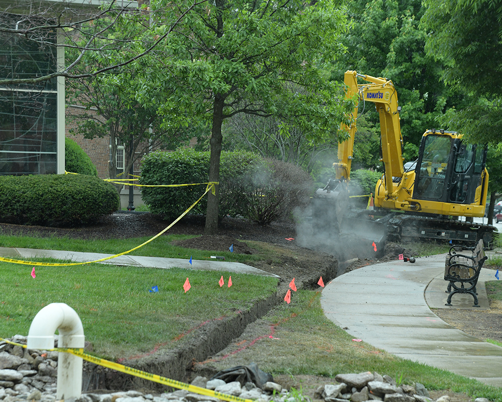Over all view of a steam pipe leak at Marianist Hall.