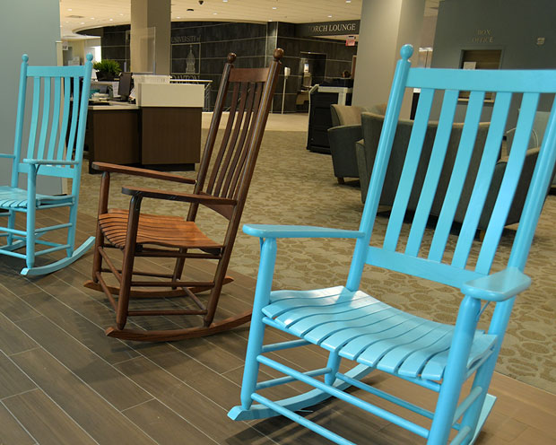 Rocking chairs in Kennedy Union Lobby.
